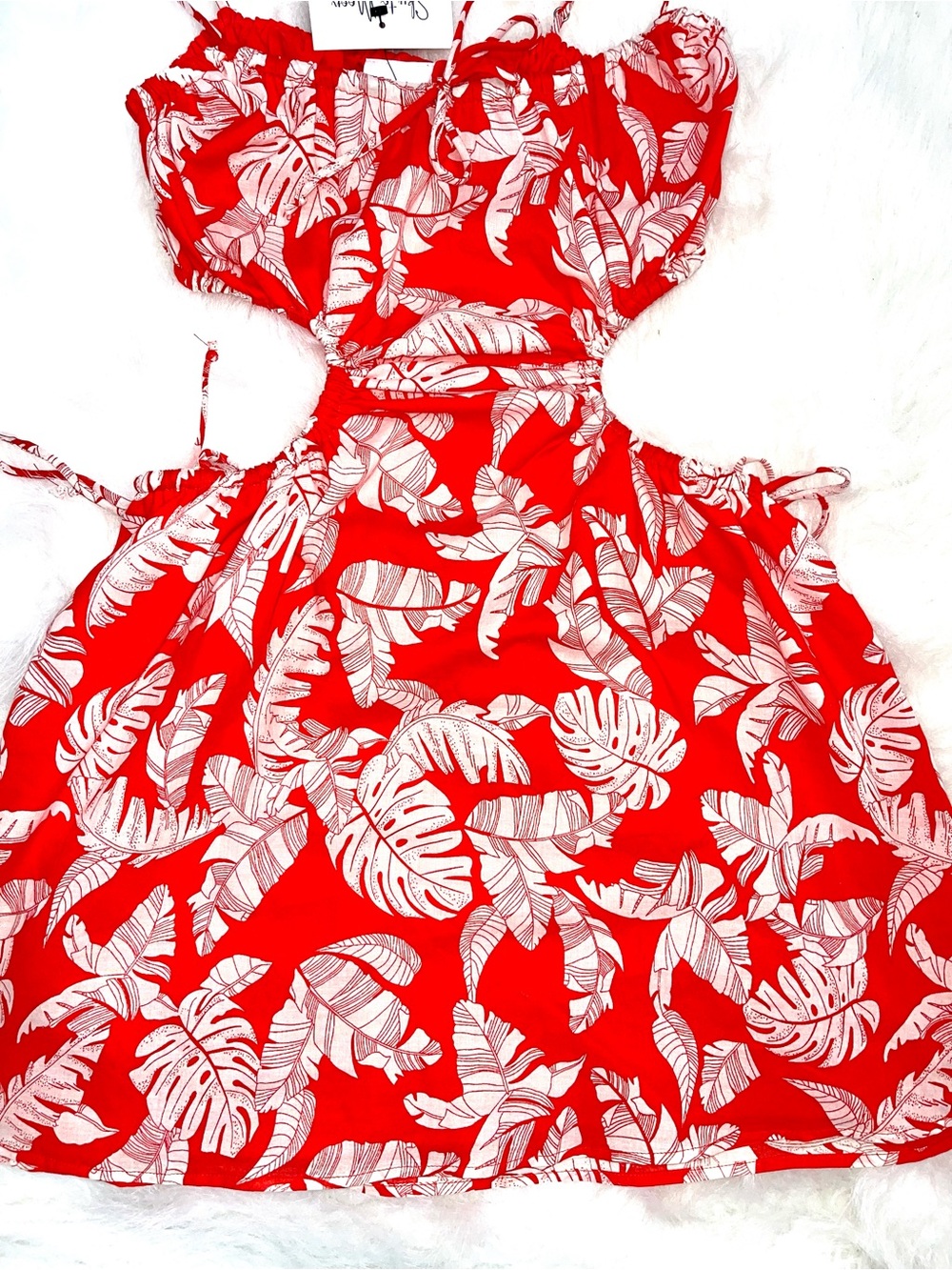 Red Tropical Leaf Cutout Dress